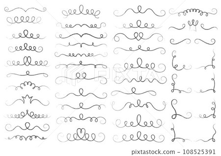 Underlines set with swishes swooshes and curly strokes. Swash hand drawn dividers. Squiggle calligraphy elements. Vector swirl doodle with hearts and crowns. 108525391