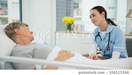 Conversation, nurse and senior woman in bed with support for healthcare with counselling. Medical, professional and elderly female with care or help about results at clinic with advice with talking. Conversation, nurse and senior woman in bed with support for healthcare with counselling. Medical, professional and elderly female with care or help about results at clinic with advice with talking. 108525398
