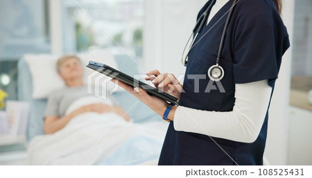 Healthcare check, hands and a doctor with a tablet for a report on a patient at a hospital. Consulting, typing and a nurse with technology and a woman for medical information, results or monitor Healthcare check, hands and a doctor with a tablet for a report on a patient at a hospital. Consulting, typing and a nurse with technology and a woman for medical information, results or monitor 108525431