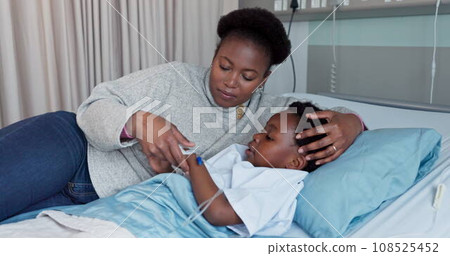 Hospital, bed and mother with child for comfort, compassion and care with iv drip for surgery. Healthcare, African family and mom with support for kid for medical service, wellness and treatment 108525452