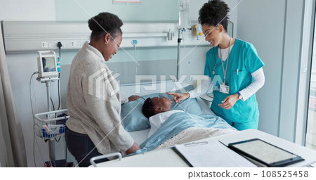 Happy woman, doctor and child patient in checkup, appointment or healthcare on hospital bed. Female person, nurse or medical professional talking to customer, mother or kid with good news at clinic 108525458