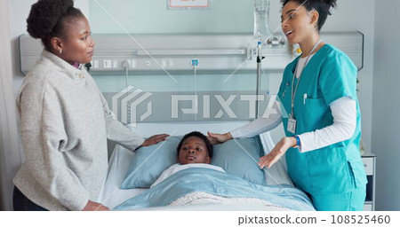 Medicine, mother and son talking in a hospital for healthcare advice together during recovery. Nurse, family discussion and kids with people in a pediatrician clinic for rehabilitation or treatment 108525460