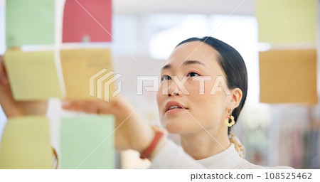 Sticky note, board and face of Asian woman, professional designer and planning project, startup ideas or entrepreneurship. Moodboard, creative or Japan person brainstorming solution, decision or plan 108525462