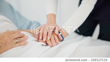 People, holding hands and care for life, support or trust in commitment, understanding or grief at hospital. Closeup of women touching in healthcare for loss, illness or virus on bed at the clinic People, holding hands and care for life, support or trust in commitment, understanding or grief at hospital. Closeup of women touching in healthcare for loss, illness or virus on bed at the clinic 108525516