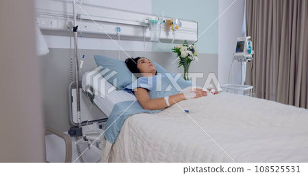Thinking, hospital bed and woman with stress, medical support and depression with healthcare. Person, girl and patient with depression, surgery and medicare with anxiety, virus and icu with illness Thinking, hospital bed and woman with stress, medical support and depression with healthcare. Person, girl and patient with depression, surgery and medicare with anxiety, virus and icu with illness 108525531
