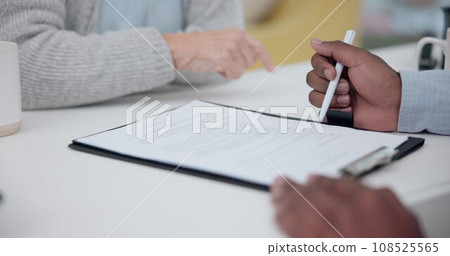 Planning, contract and consulting with hands of lawyer and client for life insurance, signature or deal. Financial advisor, legal documents and agreement with closeup of people in law firm for report Planning, contract and consulting with hands of lawyer and client for life insurance, signature or deal. Financial advisor, legal documents and agreement with closeup of people in law firm for report 108525565