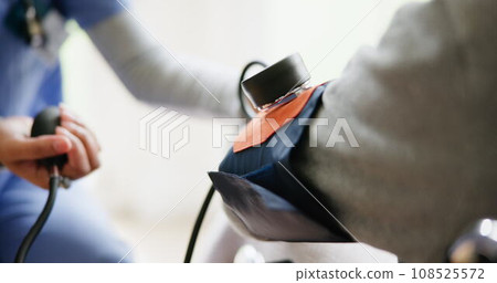 Blood pressure, consulting and closeup of nurse with arm of patient for medical care, wellness and service. Healthcare, hospital and doctor with heart rate machine on patient for cardiology support Blood pressure, consulting and closeup of nurse with arm of patient for medical care, wellness and service. Healthcare, hospital and doctor with heart rate machine on patient for cardiology support 108525572