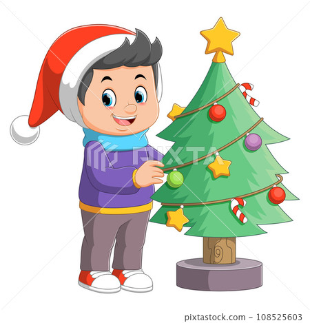 Cartoon little boy decorating a Christmas tree with balls of illustration 108525603