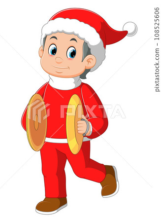 Cartoon little boy in red santa clothes playing cymbals of illustration 108525606