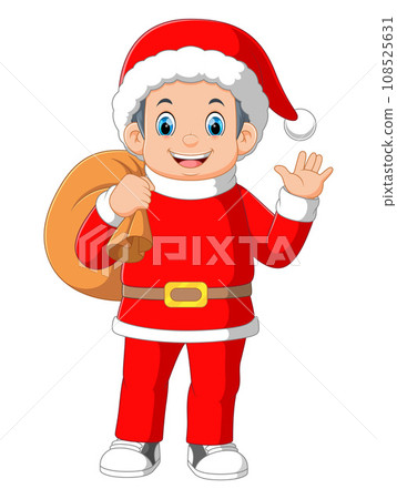 A boy wear santa costume carrying a sack of illustration A boy wear santa costume carrying a sack of illustration 108525631