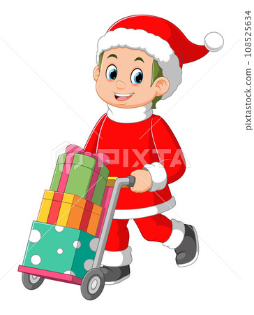 Young boy wearing santa claus costume carrying a gifts in trolley pushcart of illustration 108525634