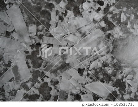 Debris Of Crushed Icicles On A Concrete Floor Background Debris Of Crushed Icicles On A Concrete Floor Background 108525733