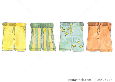Illustration set of yellow shorts drawn with water-based pen and transparent watercolor Illustration set of yellow shorts drawn with water-based pen and transparent watercolor 108525742