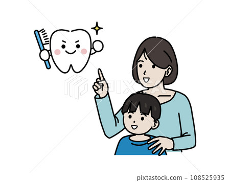 Illustration of a mother teaching her son how to brush his teeth Illustration of a mother teaching her son how to brush his teeth 108525935