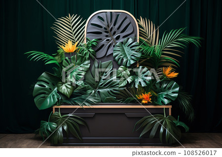 3D Realistic Wooden and Green Stone Podium with Tropical Palm Leaf Decoration, Product Display Mockup 108526017