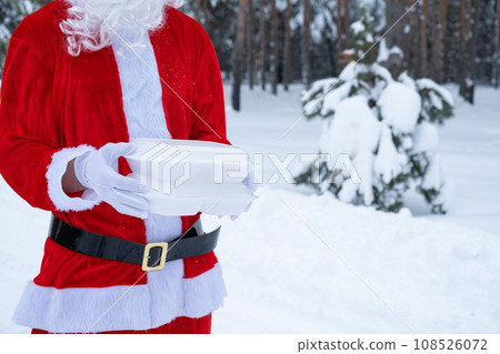 Food delivery service containers in hands of Santa Claus outdoor in snow. Christmas eve promotion. Ready-made hot order, disposable plastic box. New year holidays catering. Copy space, mock up Food delivery service containers in hands of Santa Claus outdoor in snow. Christmas eve promotion. Ready-made hot order, disposable plastic box. New year holidays catering. Copy space, mock up 108526072