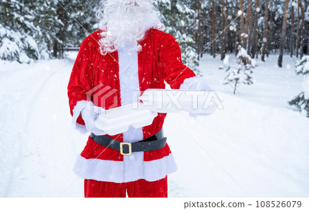Food delivery service containers in hands of Santa Claus outdoor in snow. Christmas eve promotion. Ready-made hot order, disposable plastic box. New year holidays catering. Copy space, mock up Food delivery service containers in hands of Santa Claus outdoor in snow. Christmas eve promotion. Ready-made hot order, disposable plastic box. New year holidays catering. Copy space, mock up 108526079