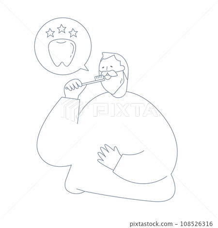 An elderly man brushing his teeth. His teeth are very clean. 108526316