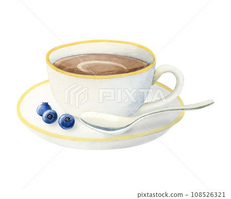 White coffee cup with cappuccino, spoon and blueberries watercolor illustration isolated on white background for menus, invitations and logos 108526321