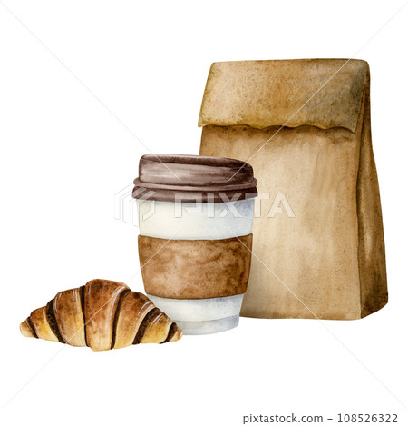 Disposable coffee cup, chocolate croissant and paper craft bag watercolor illustration isolated on white background for breakfast and coffee break designs, cafe, restaurant food menus 108526322