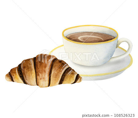 White coffee cup with chocolate French croissant watercolor illustration isolated on white background for coffee break, breakfast, menus, invitations White coffee cup with chocolate French croissant watercolor illustration isolated on white background for coffee break, breakfast, menus, invitations 108526323