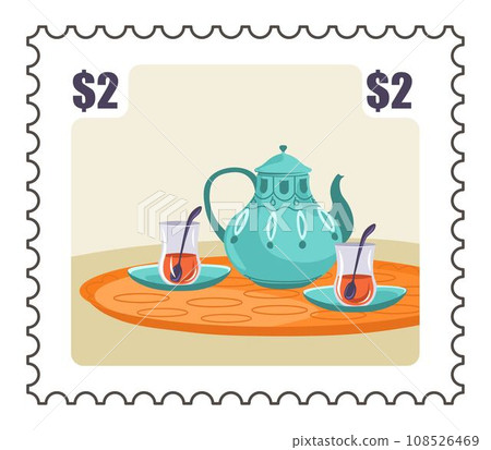 Turkish tea in cups and pot on tray, postmark Turkish tea in cups and pot on tray, postmark 108526469