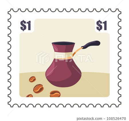Postal mark with Turkish cezve and coffee beans Postal mark with Turkish cezve and coffee beans 108526470