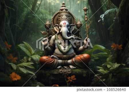 Lord Ganesha sitting in meditating yoga pose in jungle. Lord Ganesha sitting in meditating yoga pose in jungle. 108526640