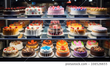 Assorted cakes in a shop window for sale Assorted cakes in a shop window for sale 108526655