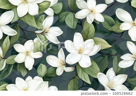 Seamless pattern of white jasmine flowers and green leaves. Watercolor painting Seamless pattern of white jasmine flowers and green leaves. Watercolor painting 108526662
