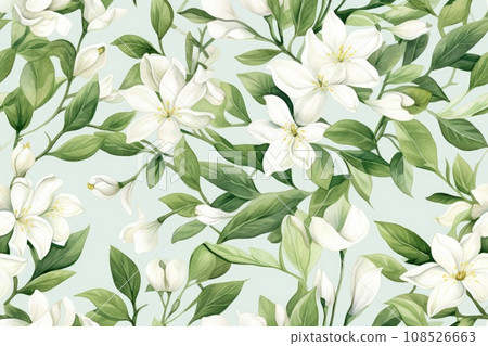 Seamless pattern of white jasmine flowers and green leaves. Watercolor painting Seamless pattern of white jasmine flowers and green leaves. Watercolor painting 108526663