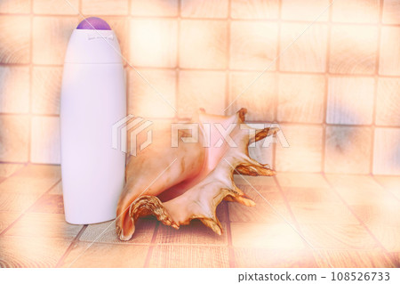 Plastic pink detergent bottle, large seashell,shampoo 108526733