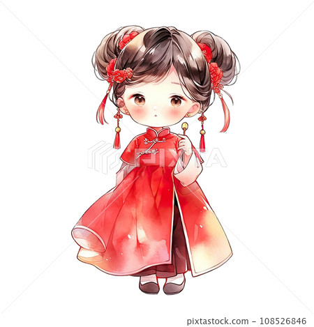 Girl wears a red qipao dress with a Chinese hairstyle during Chinese New Year ,ai generated 108526846