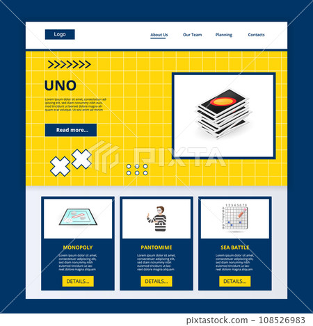 Uno flat landing page website template. Monopoly, pantomime, sea battle. Web banner with header, content and footer. Vector illustration. 108526983
