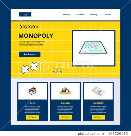 Monopoly flat landing page website template. Uno, billard, solitaire. Web banner with header, content and footer. Vector illustration. 108526985