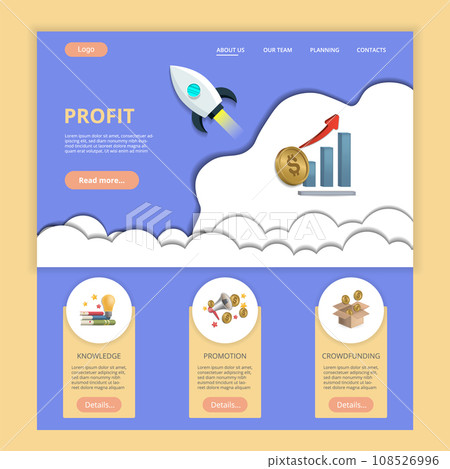 Profit flat landing page website template. Knowledge, promotion, crowdfunding. Web banner with header, content and footer. Vector illustration. 108526996