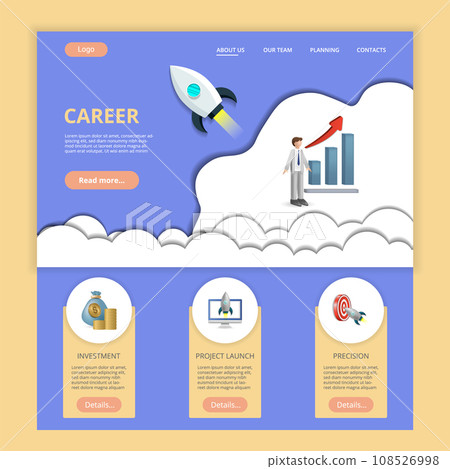 Career flat landing page website template. Investment, project launch, precision. Web banner with header, content and footer. Vector illustration. Career flat landing page website template. Investment, project launch, precision. Web banner with header, content and footer. Vector illustration. 108526998