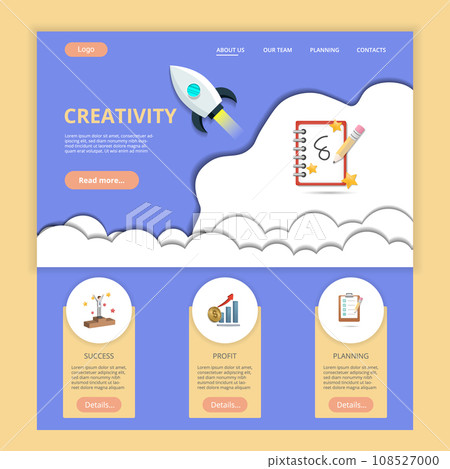 Creativity flat landing page website template. Success, profit, planning. Web banner with header, content and footer. Vector illustration. 108527000