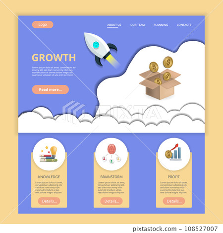 Crowdfunding flat landing page website template. Knowledge, brainstrorm, profit. Web banner with header, content and footer. Vector illustration. 108527007