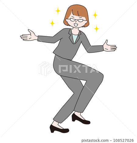 A woman in a suit posing with her arms outstretched and one leg raised, wearing glasses A woman in a suit posing with her arms outstretched and one leg raised, wearing glasses 108527026