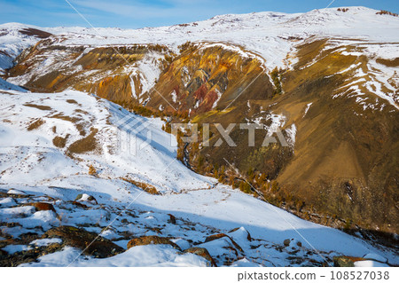 Idyllic drone view of snow covered rocky mountains at Altai, Russia 108527038