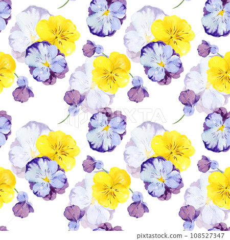 watercolor seamless pattern with hand drawn pansy flowers and buds, violet and yellow spring flowers, summer illustration, isolated on white background watercolor seamless pattern with hand drawn pansy flowers and buds, violet and yellow spring flowers, summer illustration, isolated on white background 108527347