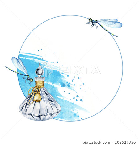 watercolor round frame with vintage perfume glass bottle, background of water and spray, flying dragonflies, hand drawn illustration of transparent perfume flacon isolated on white background watercolor round frame with vintage perfume glass bottle, background of water and spray, flying dragonflies, hand drawn illustration of transparent perfume flacon isolated on white background 108527350