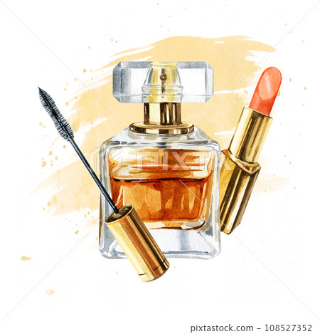 watercolor composition of beauty theme, decorative cosmetic products, powder with mirror, golden mascara, lipstick on lavender watercolor background watercolor composition of beauty theme, decorative cosmetic products, powder with mirror, golden mascara, lipstick on lavender watercolor background 108527352