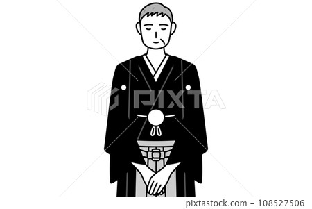 A senior man in a crested hakama bows with his hands folded, at a New Year's shrine visit or at a wedding. A senior man in a crested hakama bows with his hands folded, at a New Year's shrine visit or at a wedding. 108527506