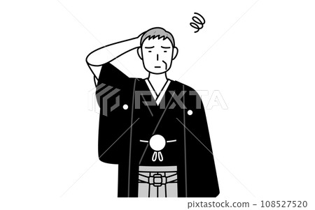 A senior man wearing a hakama with a crest scratching his head in trouble, at a New Year's shrine visit or a wedding 108527520