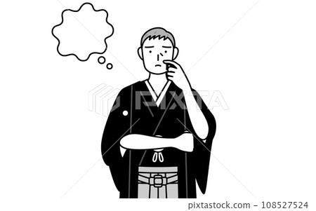 A senior man wearing a crested hakama, thinking while scratching his face, at a New Year's shrine visit or a wedding. 108527524