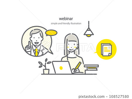 A young woman participating in a webinar at home - simple and stylish line drawing illustration 108527580