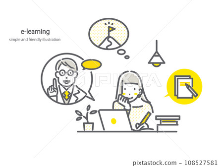 一位年輕女子在家參加線上課程 — 簡單而時尚的線條畫插圖 108527581