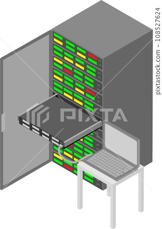 Image material of a laptop connected to a server in an isometric server rack Image material of a laptop connected to a server in an isometric server rack 108527624